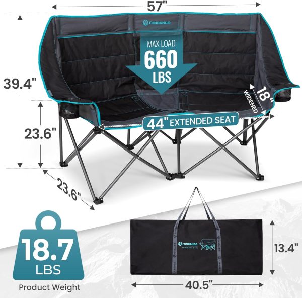 FUNDANGO Double Camping Chair with Cooler, 2 Person Folding Oversized Loveseat Camp Chairs for Adults Fully Padded Couch with Cup Holder Carry Bag for Outdoor Lawn Beach Patio Support 660 LBS - Image 2