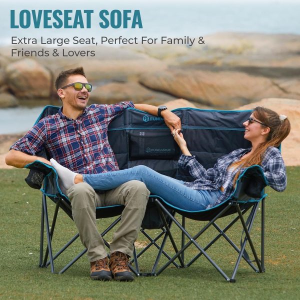 FUNDANGO Double Camping Chair with Cooler, 2 Person Folding Oversized Loveseat Camp Chairs for Adults Fully Padded Couch with Cup Holder Carry Bag for Outdoor Lawn Beach Patio Support 660 LBS - Image 3