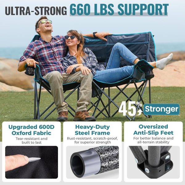 FUNDANGO Double Camping Chair with Cooler, 2 Person Folding Oversized Loveseat Camp Chairs for Adults Fully Padded Couch with Cup Holder Carry Bag for Outdoor Lawn Beach Patio Support 660 LBS - Image 5
