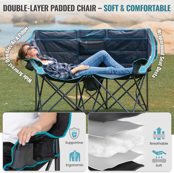 FUNDANGO Double Camping Chair with Cooler, 2 Person Folding Oversized Loveseat Camp Chairs for Adults Fully Padded Couch with Cup Holder Carry Bag for Outdoor Lawn Beach Patio Support 660 LBS - Image 6