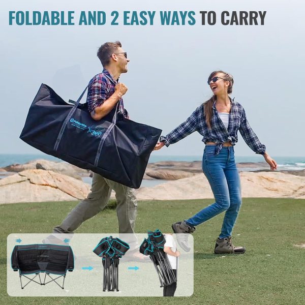 FUNDANGO Double Camping Chair with Cooler, 2 Person Folding Oversized Loveseat Camp Chairs for Adults Fully Padded Couch with Cup Holder Carry Bag for Outdoor Lawn Beach Patio Support 660 LBS - Image 7