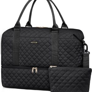 Travel Duffel Bag - Weekender Bags for Women, Carry On Overnight Bag with Shoe Compartment, with Toiletry Bag for Travel Essentials and Travel Accessories, Black, 13.4"×17.3"×7.9"