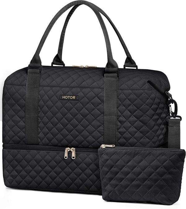 Travel Duffel Bag - Weekender Bags for Women, Carry On Overnight Bag with Shoe Compartment, with Toiletry Bag for Travel Essentials and Travel Accessories, Black, 13.4"×17.3"×7.9"