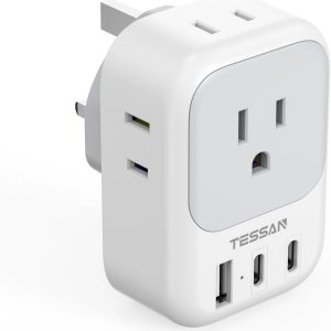 TESSAN US to UK Plug Adapter, Type G Travel Adaptor with 4 Electrical Outlets 3 USB Ports (2 USB C), Ireland Power Adapter for USA to England London Scotland Dubai Singapore Qatar Kenya British
